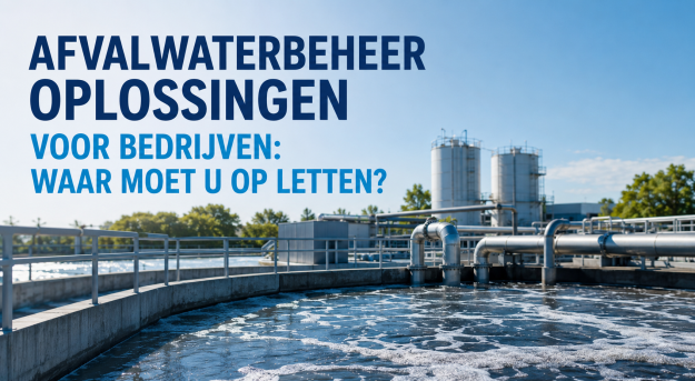 Desman blog Een marketingafbeelding van een industriële afvalwaterzuiveringsinstallatie met grote waterbassins, metalen buizen en silo's op de achtergrond, voorzien van de tekst "AFVALWATERBEHEER OPLOSSINGEN VOOR BEDRIJVEN: WAAR MOET U OP LETTEN?".