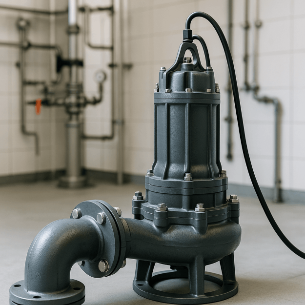 afvalwater-pompen-welke-past-bij-uw-situatie Een robuuste, donkergrijze industriële afvalwaterpomp met leidingen in een betegelde technische ruimte